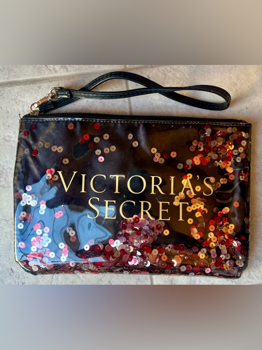 Victoria's Secret Black Confetti Zipper Wristlet Cosmetic Bag
